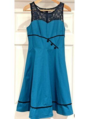 Rockabilly Retro Dress Women's Medium Fit & Flare Teal Lace Whimsigoth Pin Up